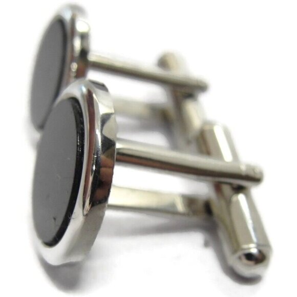 Silver Tone Black Round Cufflinks Wedding Tux Vintage - Picture 4 of 9
